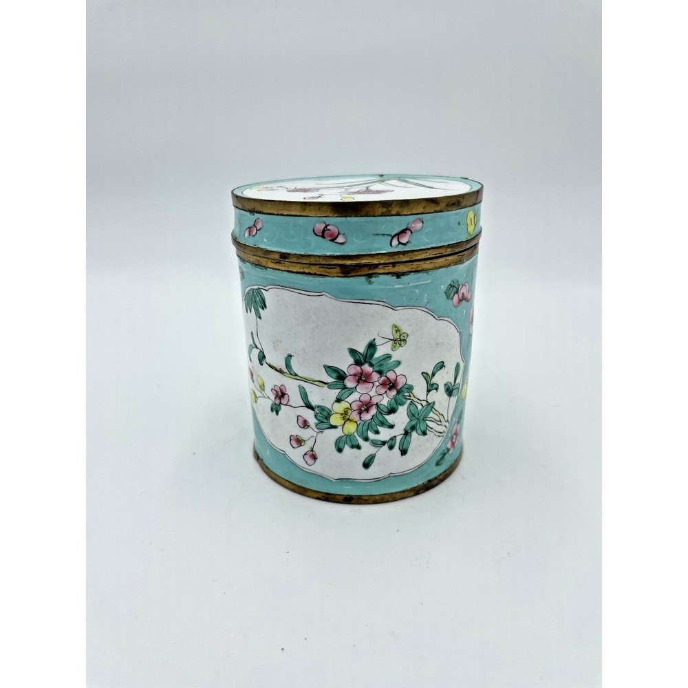 Antique Chinese Canton Enamel Round Lidded Tea Caddy Hand-Painted Birds Flowers - Picture 4 of 13